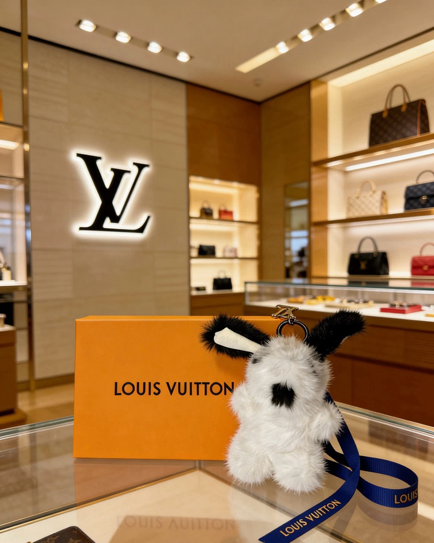 Louis Vuitton White and Black Furry Keychain